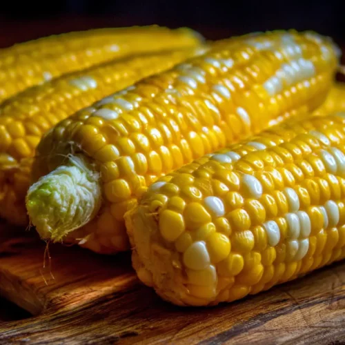 Freshly cooked corn on the cob, bright yellow and tender.