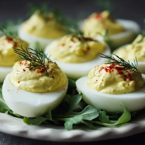 A platter of perfectly made deviled eggs, garnished with paprika.
