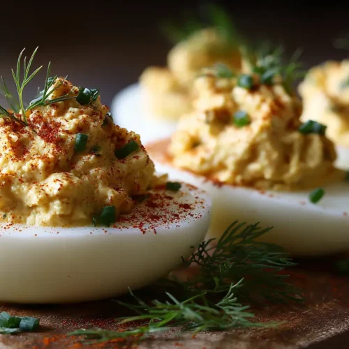 A platter of perfectly prepared deviled eggs garnished with paprika.