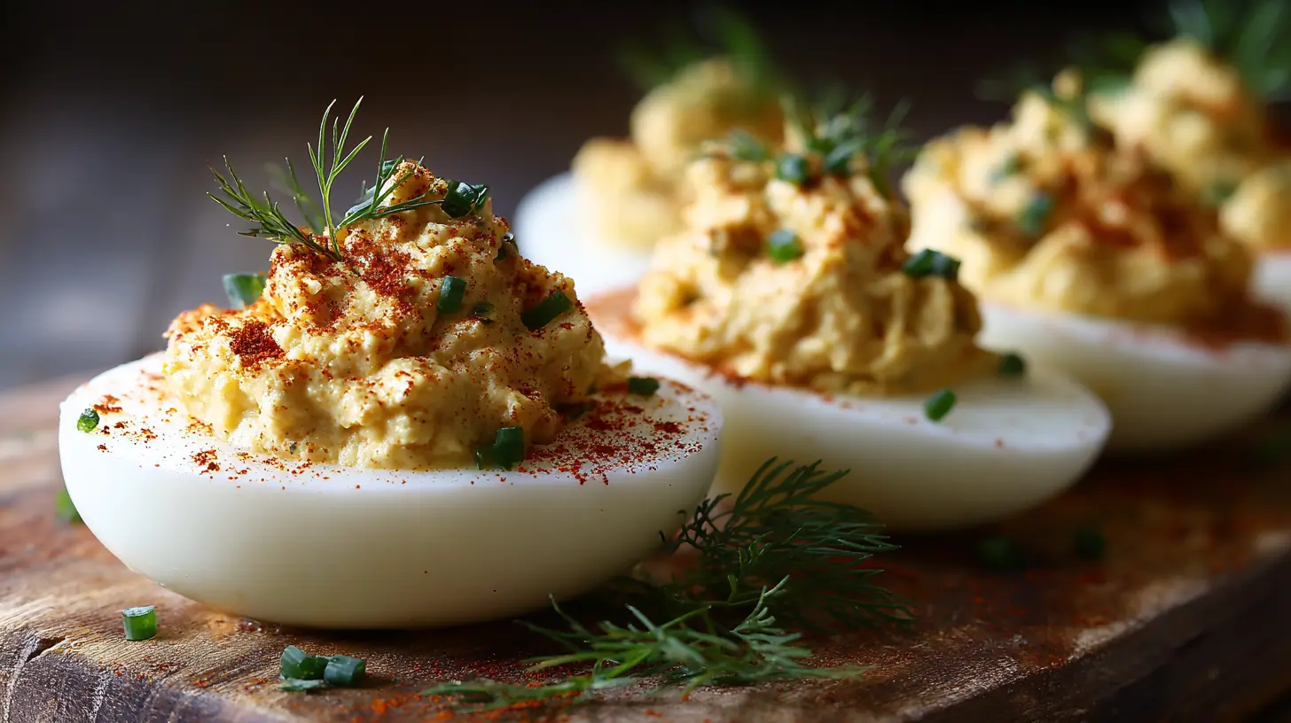 A platter of perfectly prepared deviled eggs garnished with paprika.