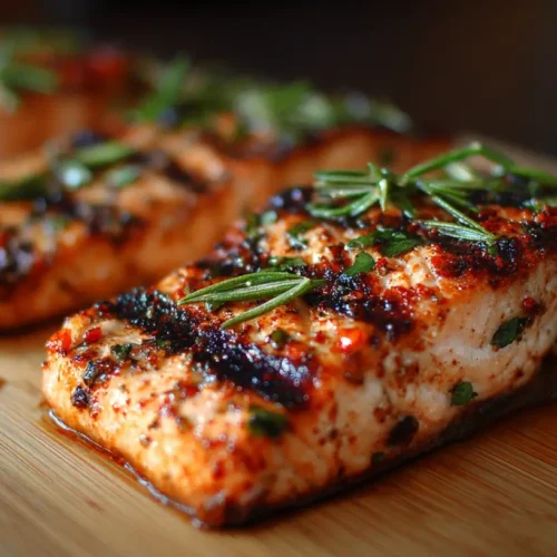A perfectly cooked grilled salmon fillet, flaky and tender.
