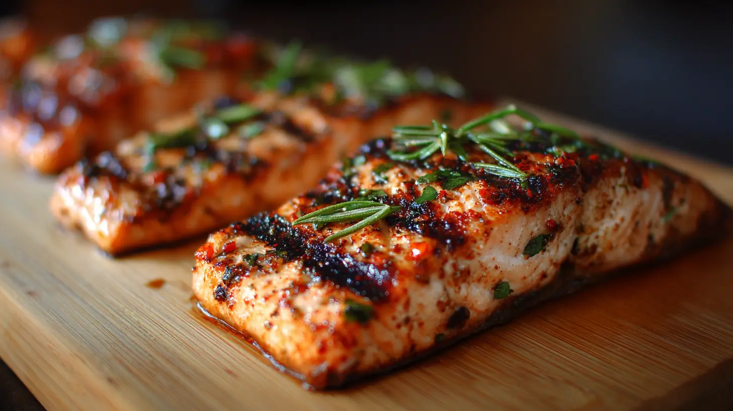 A perfectly cooked grilled salmon fillet, flaky and tender.