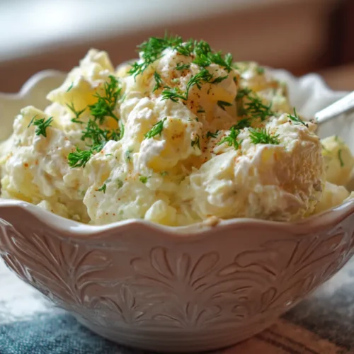 A bowl of fresh perfect potato salad, garnished with green herbs