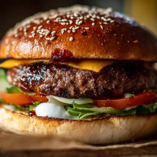 A perfectly cooked smash burger with crispy edges and melted cheese.