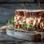 A close-up of a delicious pulled sandwich with tender meat and toppings.