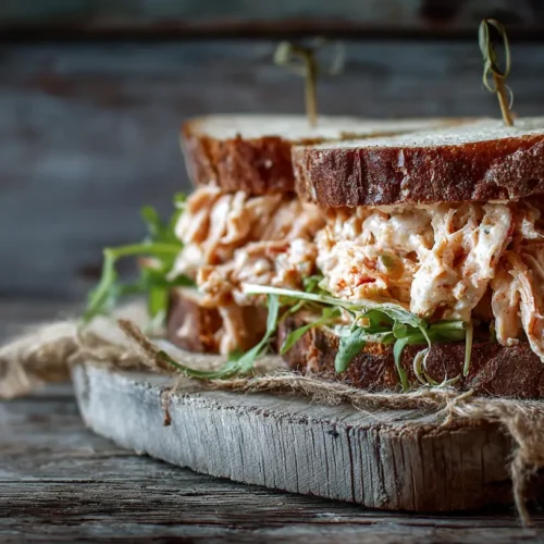 A close-up of a delicious pulled sandwich with tender meat and toppings.
