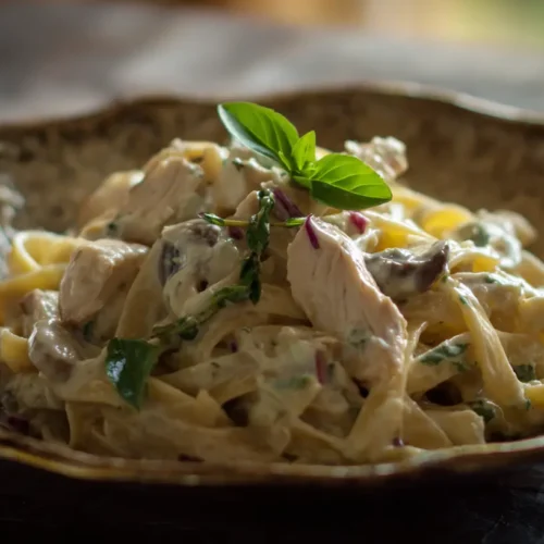 A serving of rich chicken alfredo pasta with grilled chicken slices and parmesan cheese.