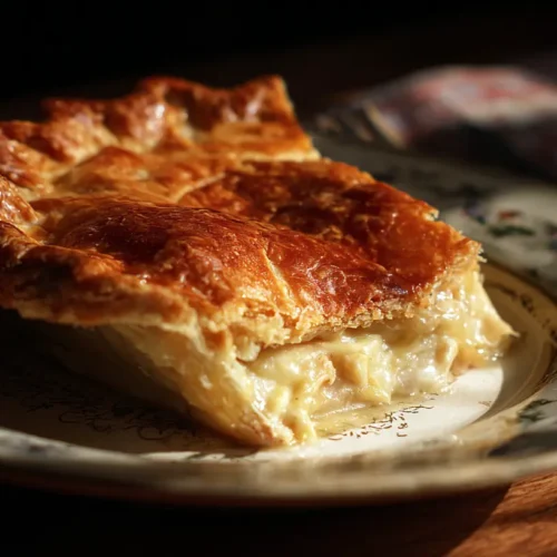 A savory chicken pot pie with a golden, flaky crust, fresh from the oven, bubbling with rich filling.