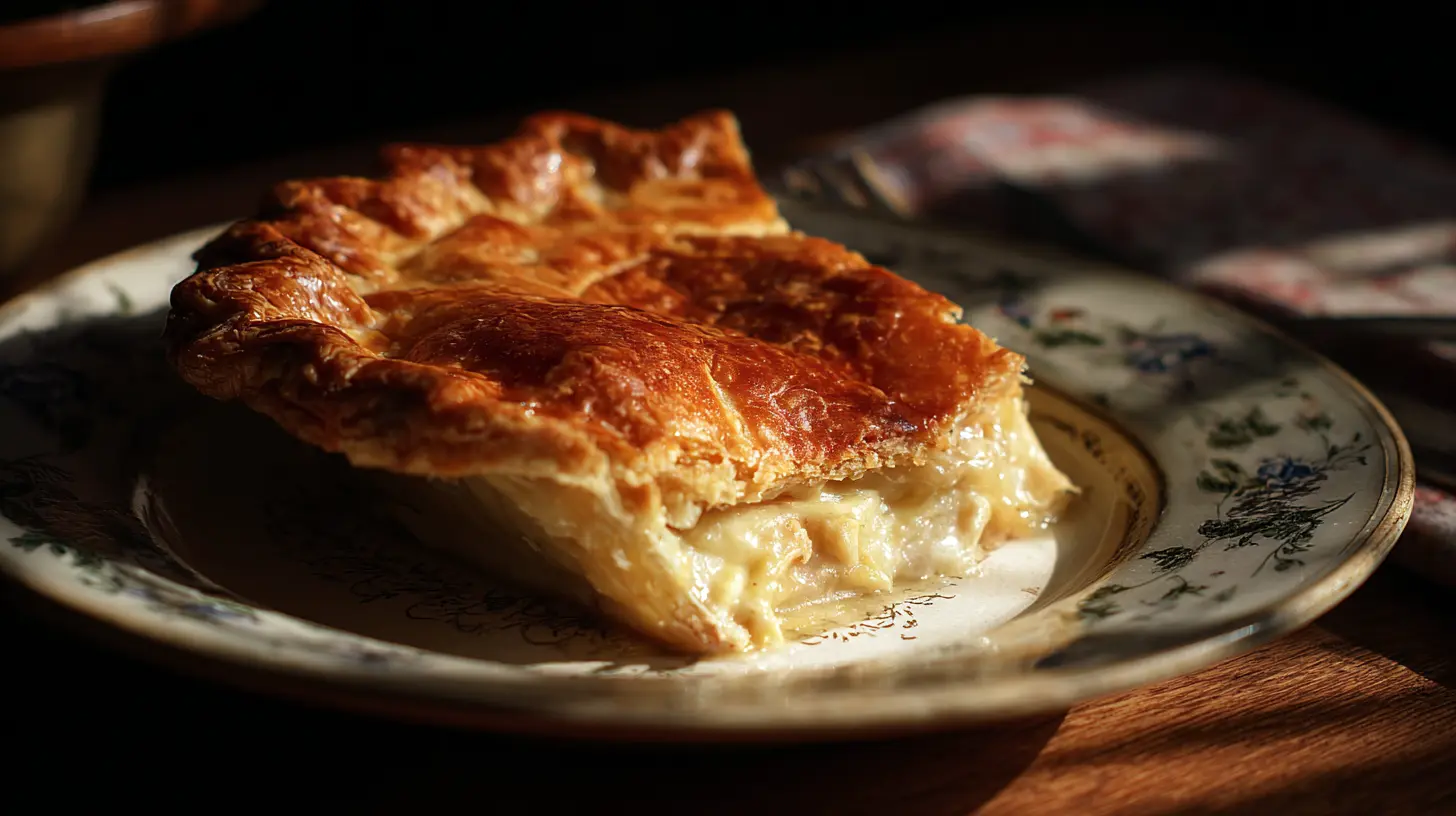 A savory chicken pot pie with a golden, flaky crust, fresh from the oven, bubbling with rich filling.
