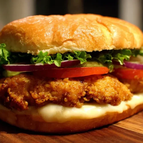 A freshly made chicken sandwich with crispy lettuce and tomato.