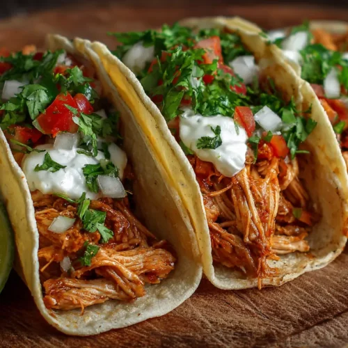 Delicious chicken tacos with various toppings arranged on a platter.