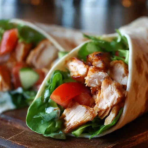 A close-up of a chicken wrap, showcasing its fresh ingredients and perfect fold.