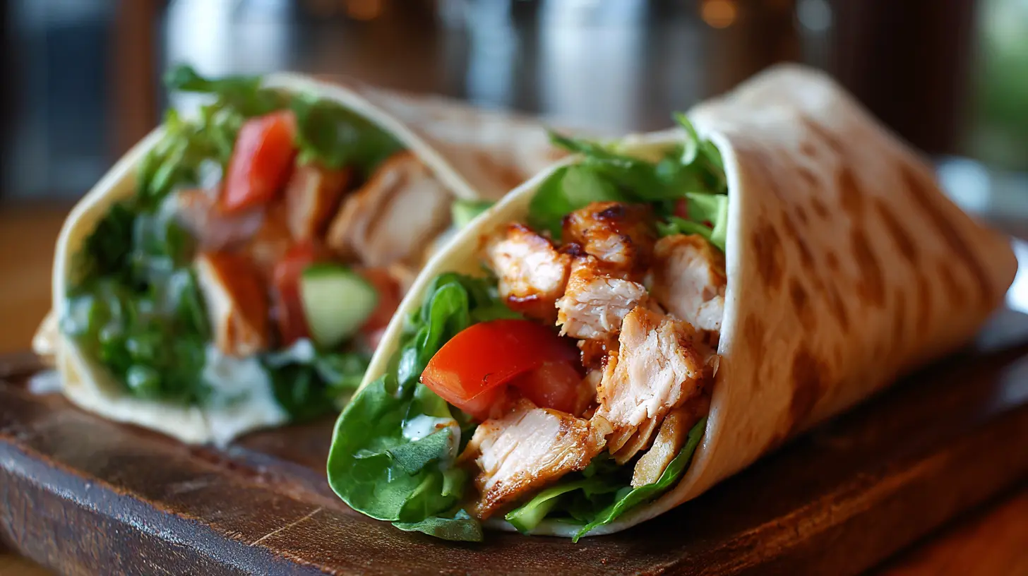 A close-up of a chicken wrap, showcasing its fresh ingredients and perfect fold.