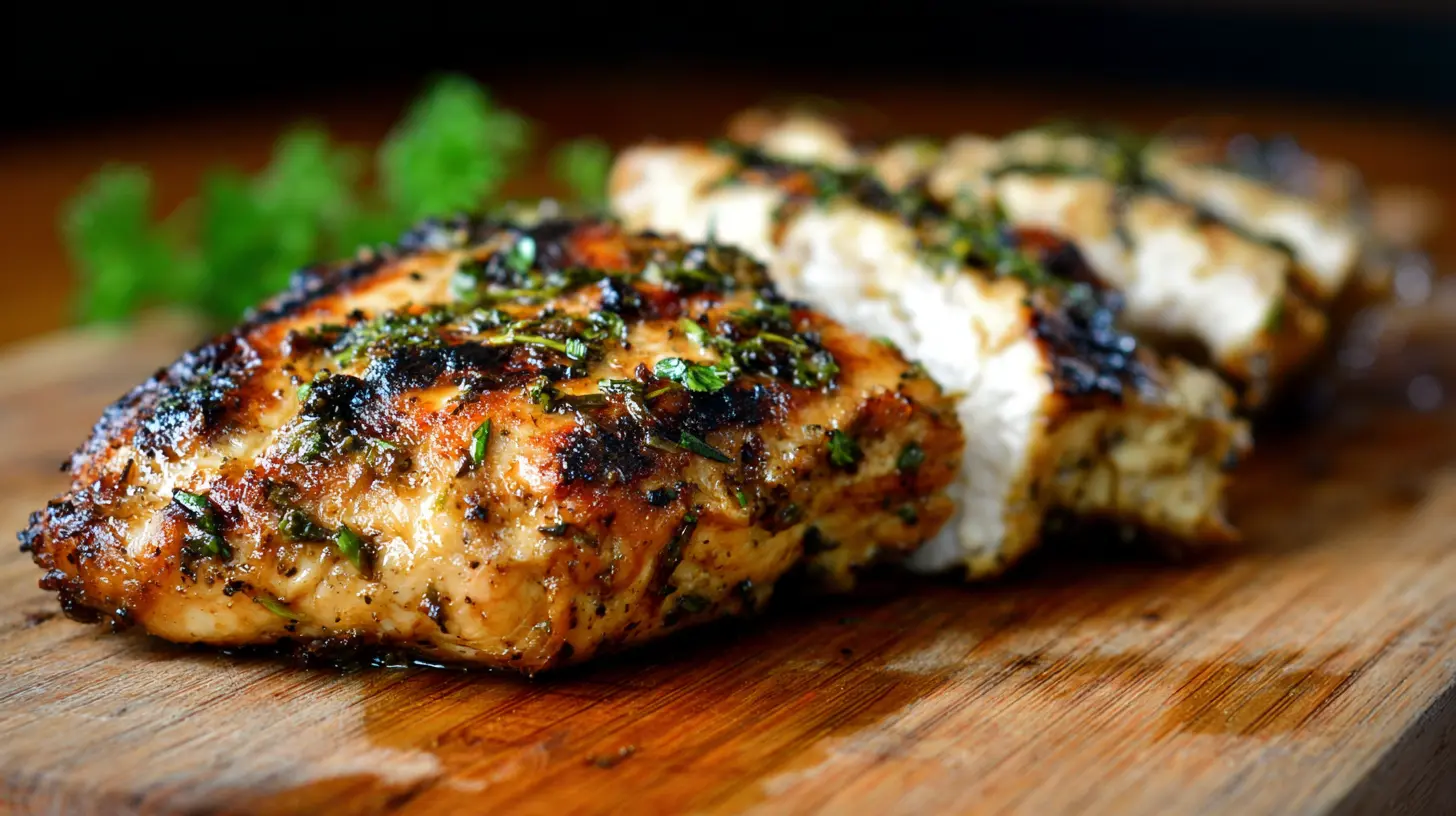 A perfectly cooked grilled chicken, showing char marks and glistening skin.