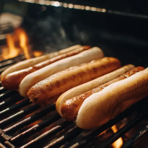 A freshly grilled hot dog on a bun with classic toppings.