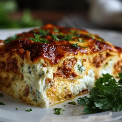 A freshly baked lasagna with melted cheese and rich sauce