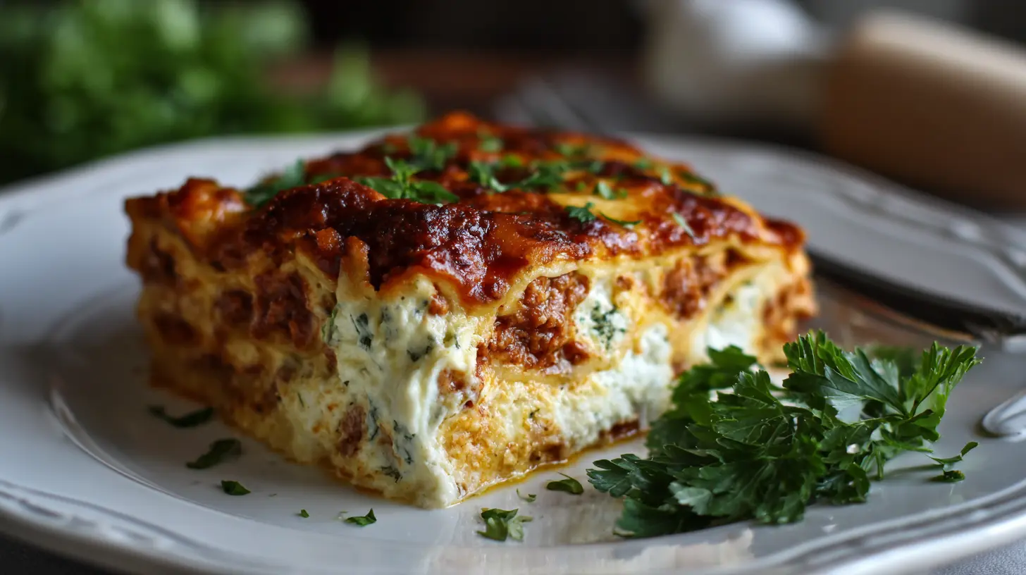 A freshly baked lasagna with melted cheese and rich sauce