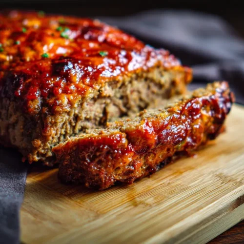 A freshly baked meatloaf, still warm from the oven, with a glazed topping.