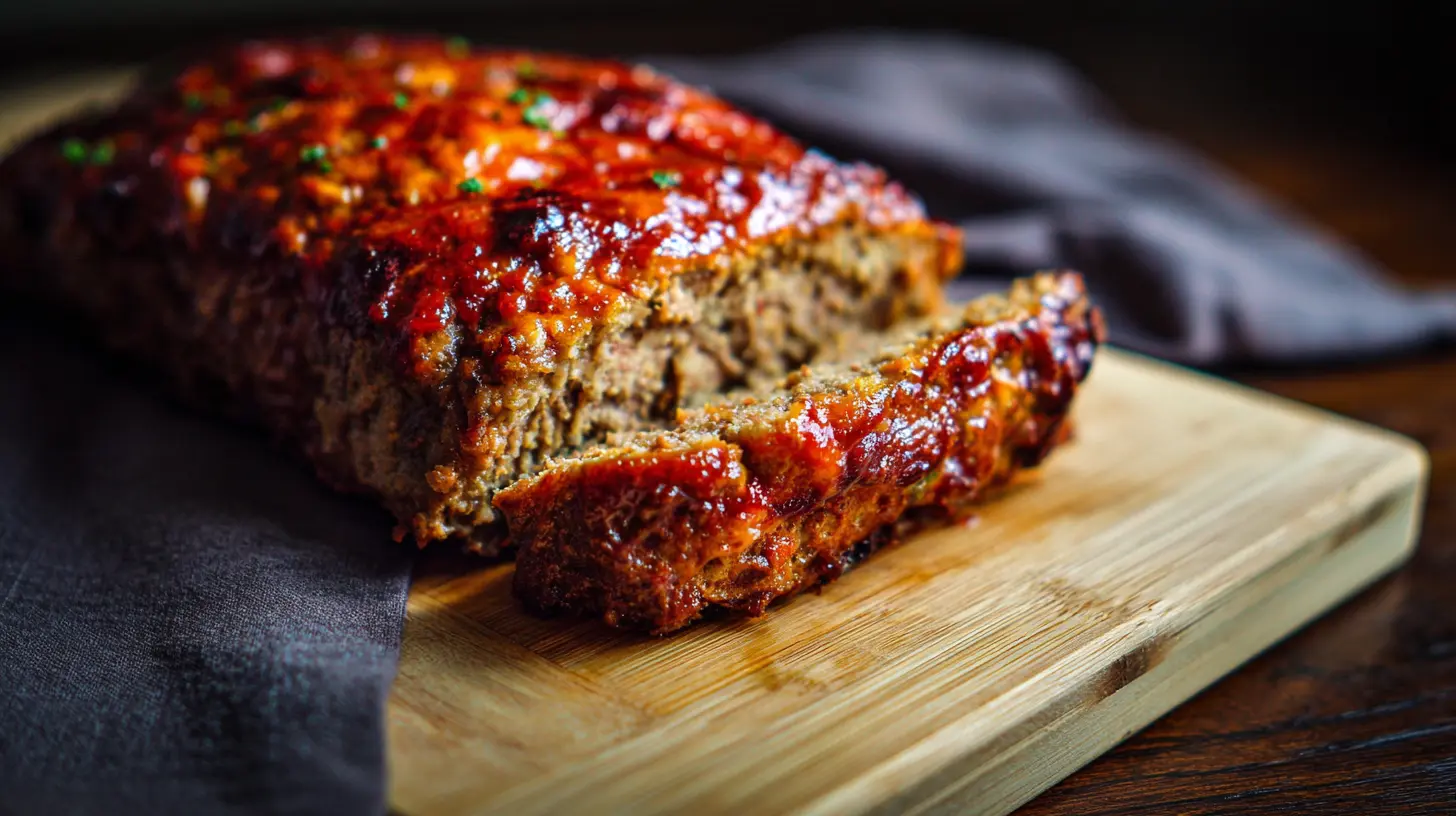 A freshly baked meatloaf, still warm from the oven, with a glazed topping.