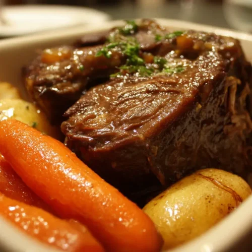 A close-up of a tender, slow-cooked pot roast dish with vegetables.