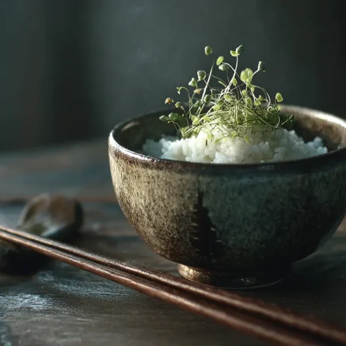 A colorful and savory rice bowl filled with fresh ingredients.