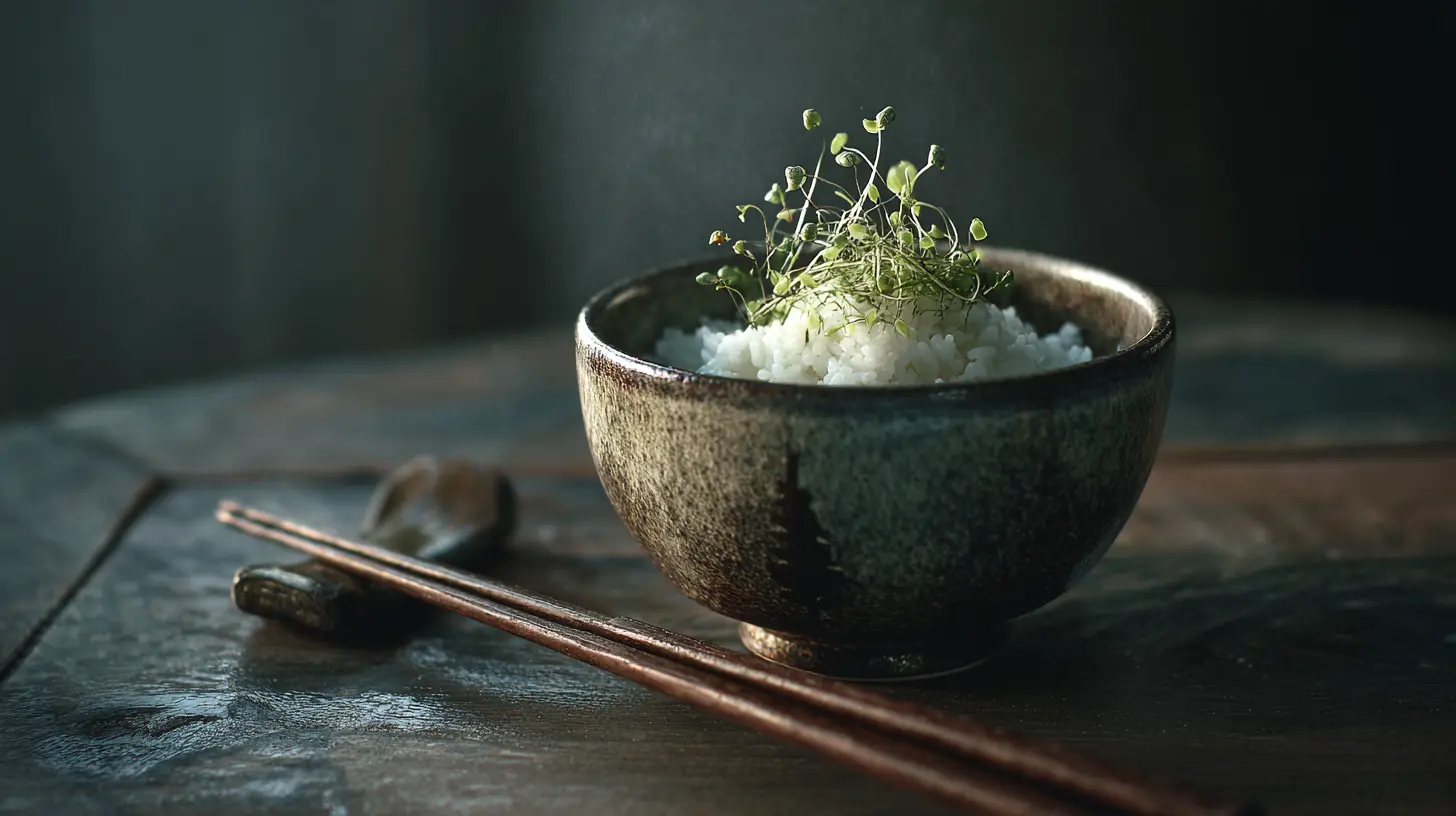 A colorful and savory rice bowl filled with fresh ingredients.
