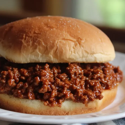 A close-up of a delicious sloppy joe sandwich on a bun, showcasing the rich meat sauce.