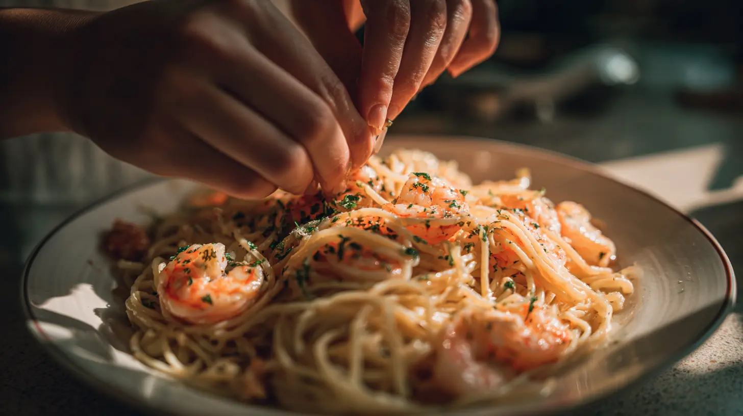 Properly cooked shrimp in scampi sauce