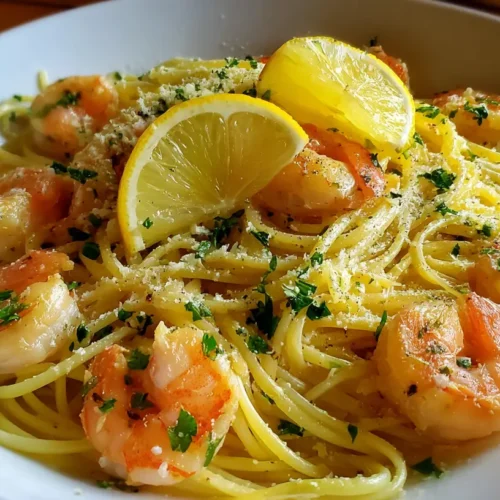A close-up of a generous serving of shrimp scampi pasta with parsley garnish