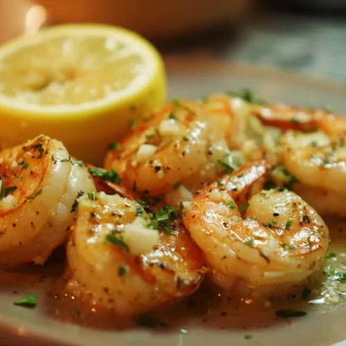 A serving of savory shrimp scampi in a white bowl with parsley garnish.