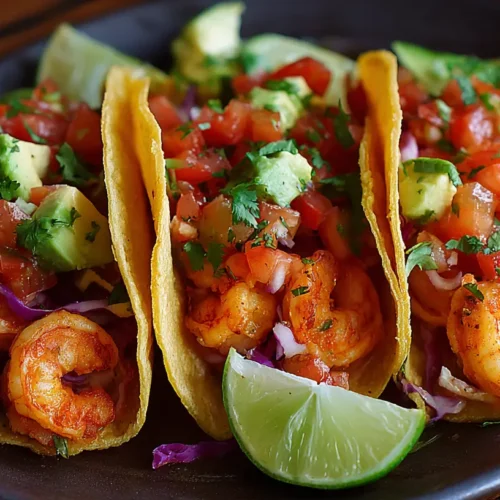 A close-up of a perfectly prepared shrimp taco with fresh toppings
