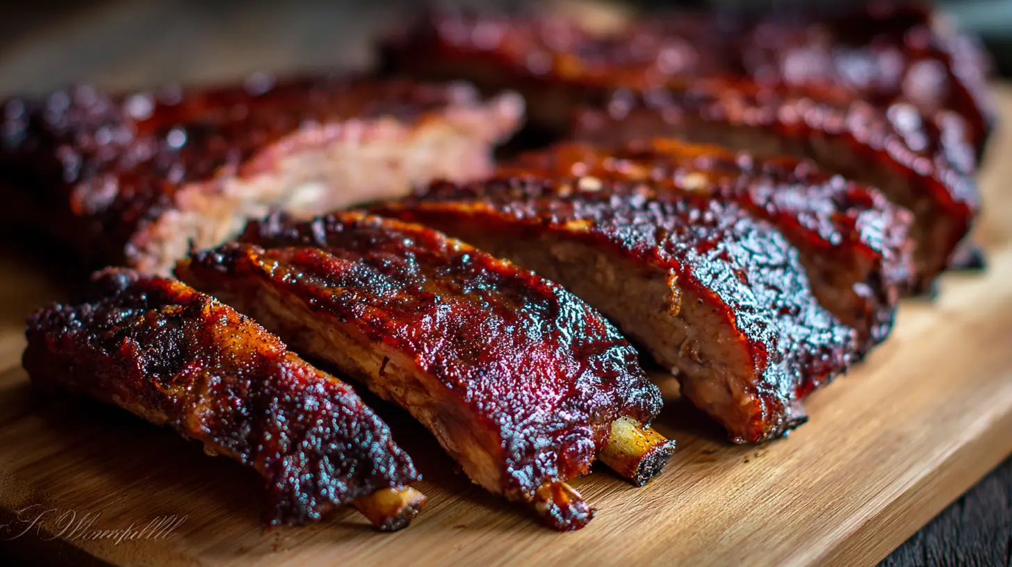 A close-up shot of sizzling BBQ ribs on a grill rack.