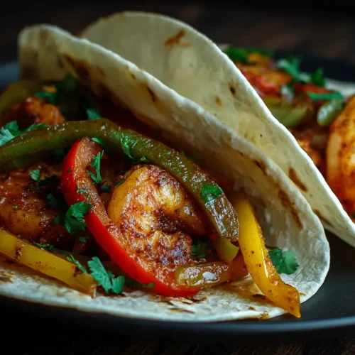 Platter of sizzling shrimp fajitas with colorful peppers and onions