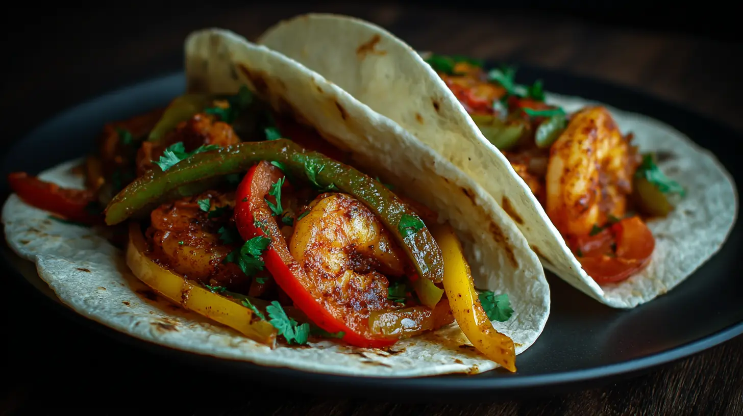 Platter of sizzling shrimp fajitas with colorful peppers and onions