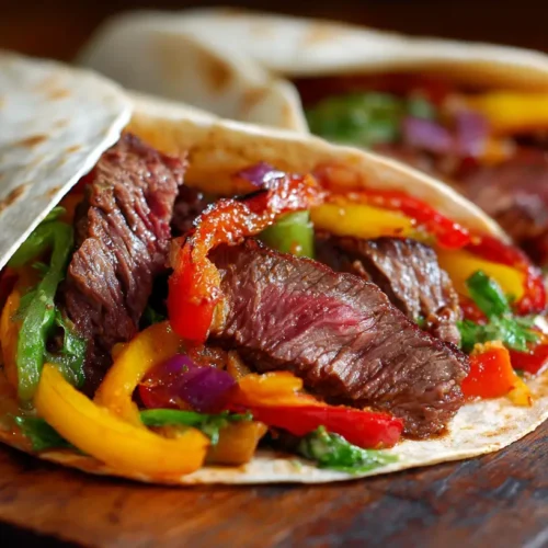 A platter of sizzling steak fajitas with colorful peppers and onions