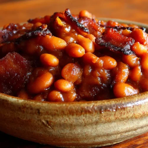 A bowl of Southern baked beans, rich and savory, ready to serve