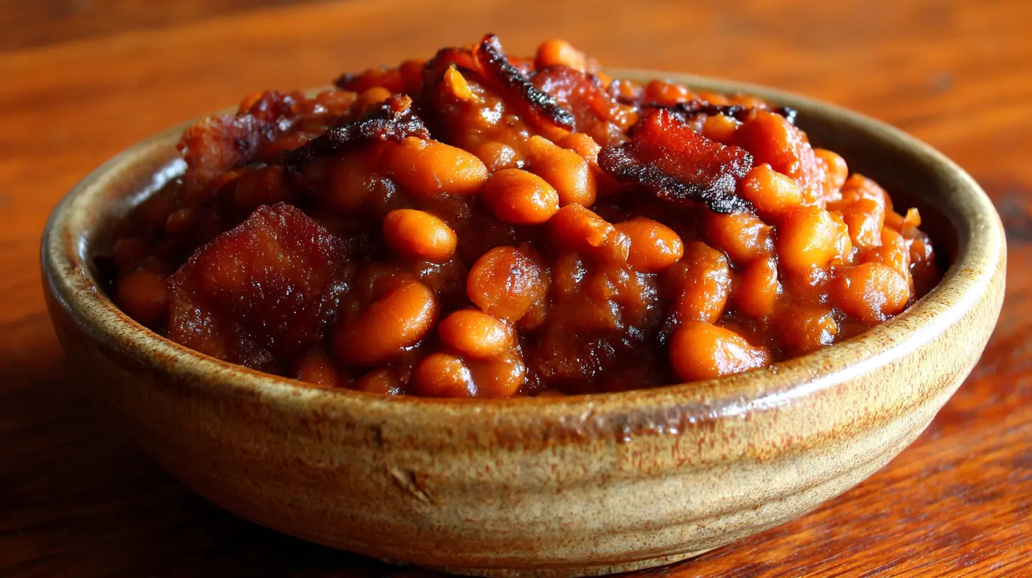 A bowl of Southern baked beans, rich and savory, ready to serve