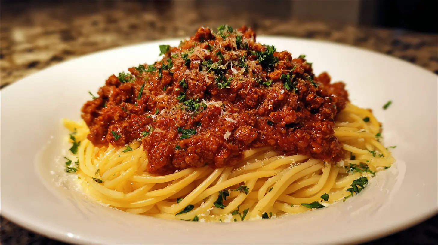 A steaming bowl of classic spaghetti bolognese with rich meat sauce.