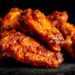 A close-up of several spicy Buffalo wings, perfectly coated in sauce.