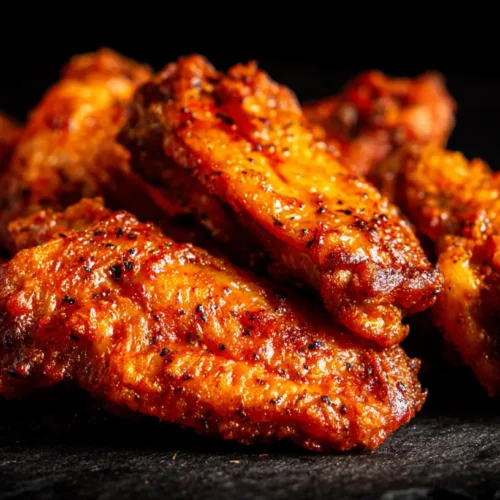 A close-up of several spicy Buffalo wings, perfectly coated in sauce.