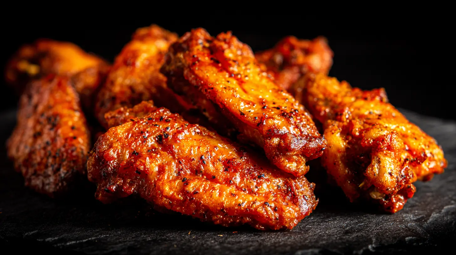 A close-up of several spicy Buffalo wings, perfectly coated in sauce.
