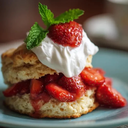 A freshly prepared strawberry shortcake with whipped cream