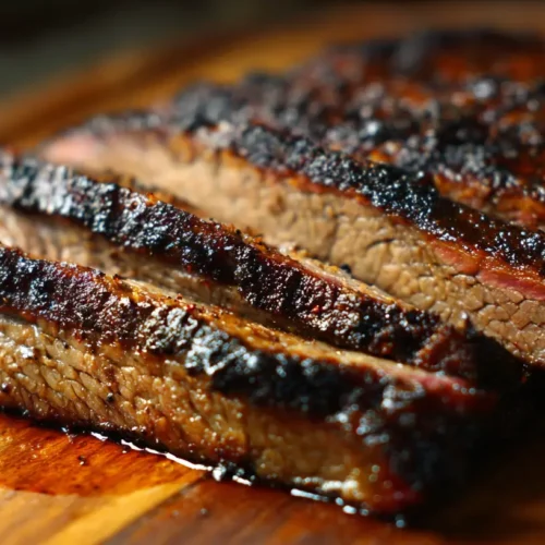 A perfectly smoked Texas BBQ Brisket, sliced to show its juicy interior and smoke ring.