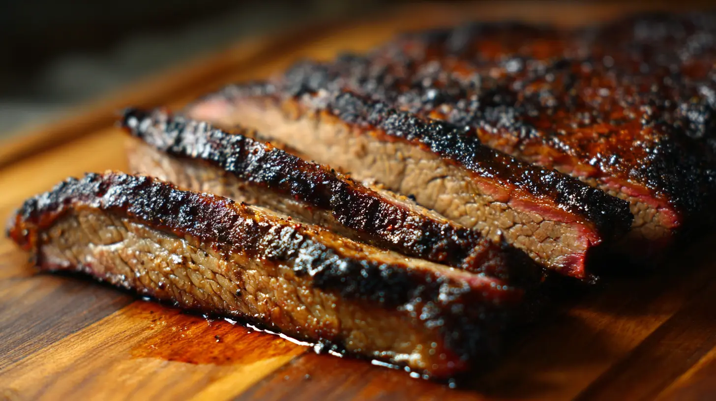 A perfectly smoked Texas BBQ Brisket, sliced to show its juicy interior and smoke ring.