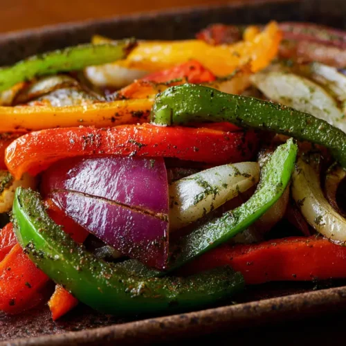 A hot skillet of colorful veggie fajitas with bell peppers and onions