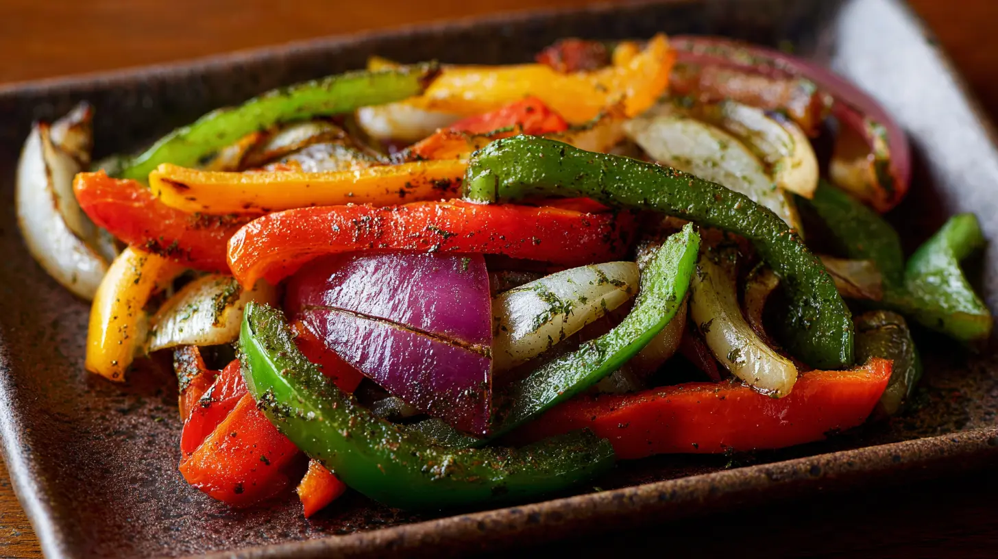 A hot skillet of colorful veggie fajitas with bell peppers and onions