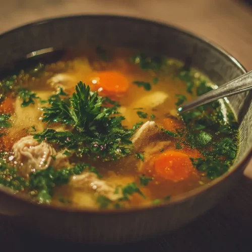 A steaming bowl of chicken soup with vegetables