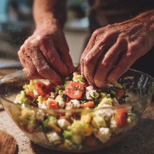 A warm, bubbling peach cobbler in a baking dish, fresh from the oven.