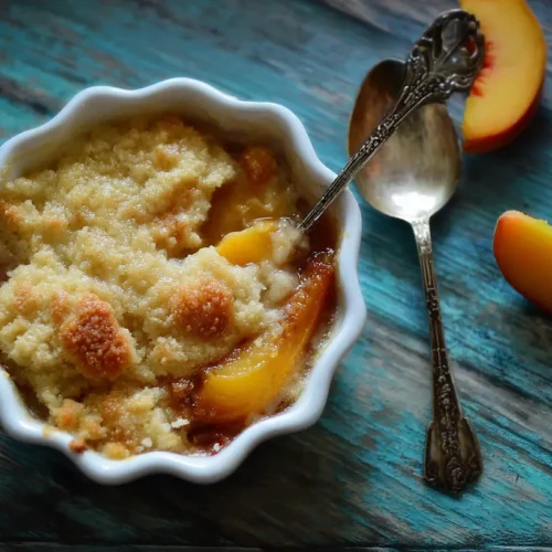 A hot, bubbly peach cobbler fresh from the oven
