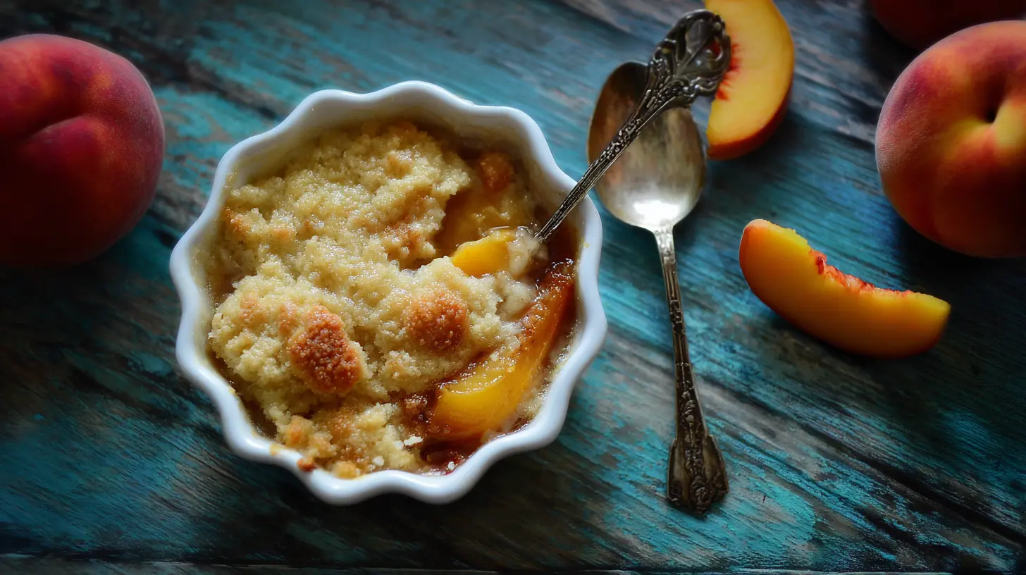 A hot, bubbly peach cobbler fresh from the oven